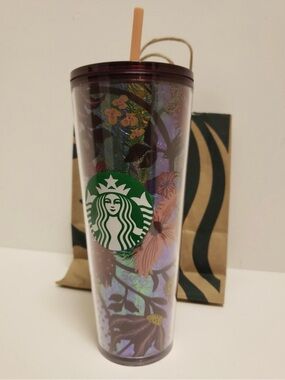 Starbucks 2021 Iridescent Floral Tumbler with Pink Straw